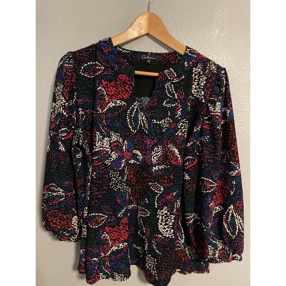 Calessa Top Womens Medium Multicolor Floral V Neck Stretch Blouse Artsy Boho